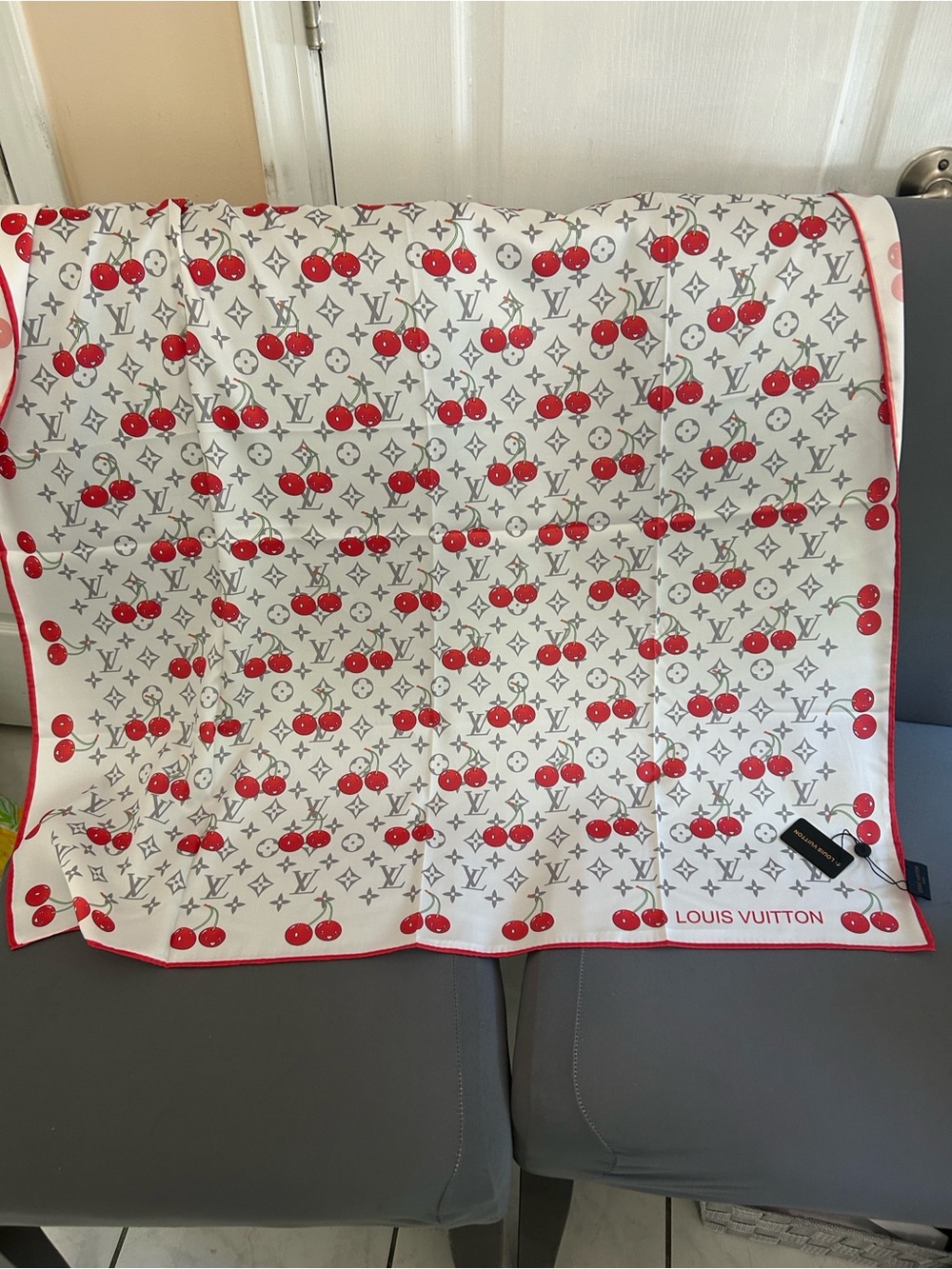 Louis Vuitton White Silk Scarf with Red Cherry Motif - Picture 1 of 4